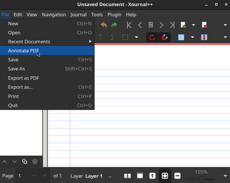 Xournal++ File menu showing an option to annotate a PDF file