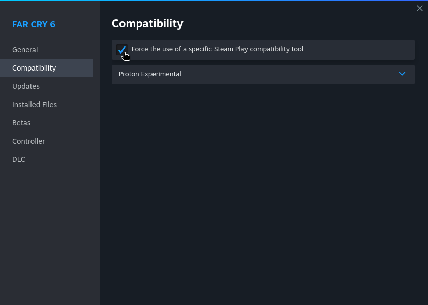 Far Cry 6 Compatibility tab displaying the option to force the use of a specific Steam Play compatibility tool