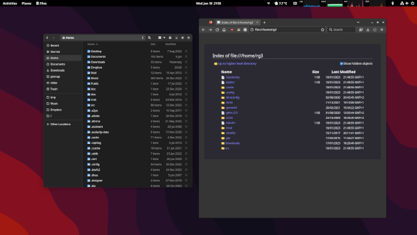 Screenshot showing a file manager and Firefox running under Firejail, both displaying the home directory contents and Firefox displaying many fewer files