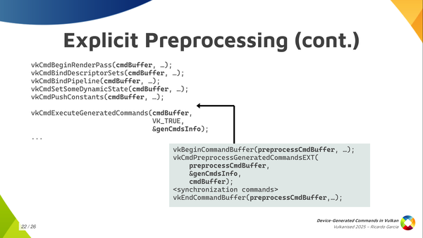 Slide 22: Explicit Preprocessing (continued) state command buffer ergonomics