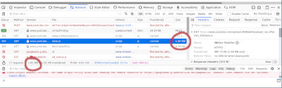 Firefox network inspection tool showing the base YouTube Javascript library weighting 1.46MB